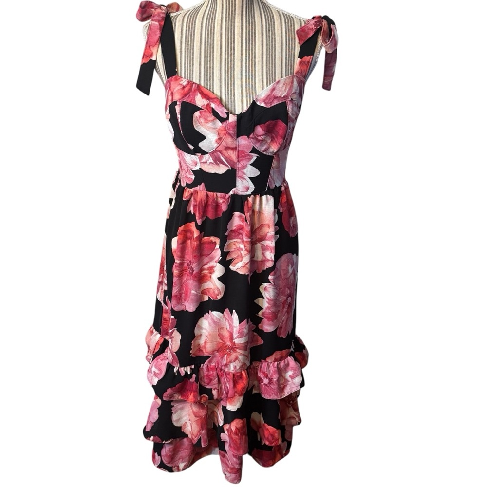 Sophia Vergara Dress Large Black Midi Pink Floral Print Ruffles Tie Shoulders